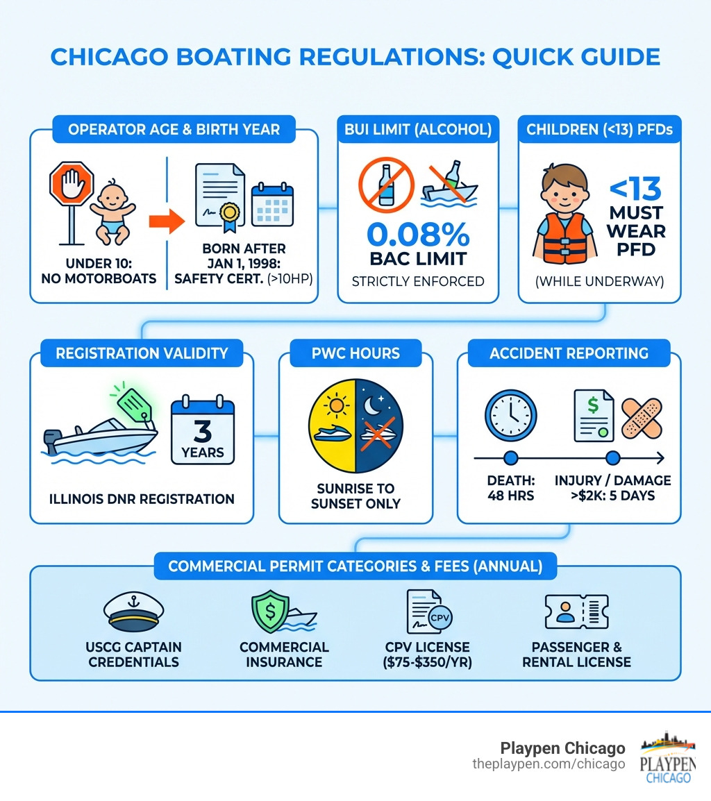 Infographic showing Chicago boating regulations including operator age requirements by birth year, 0.08% BAC limit for BUI, children under 13 PFD requirements, 3-year boat registration validity, PWC sunset-to-sunrise prohibition, accident reporting timelines, and commercial permit categories with annual fees - Chicago Boating Regulations infographic Infographic showing Chicago boating regulations including operator age requirements by birth year, 0.08% BAC limit for BUI, children under 13 PFD requirements, 3-year boat registration validity, PWC sunset-to-sunrise prohibition, accident reporting timelines, and commercial permit categories with annual fees - Chicago Boating Regulations infographic