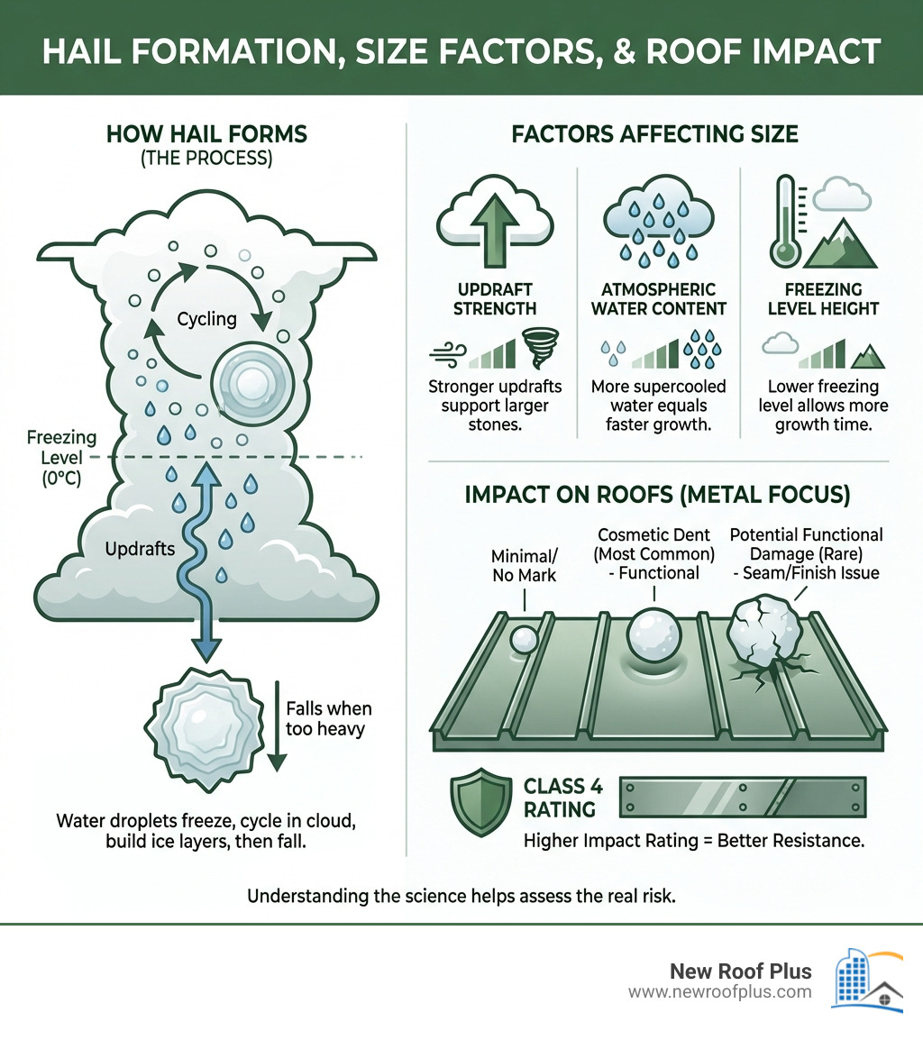 infographic explaining how hail forms and the factors affecting its size and impact - hail damage on a metal roof infographic infographic explaining how hail forms and the factors affecting its size and impact - hail damage on a metal roof infographic