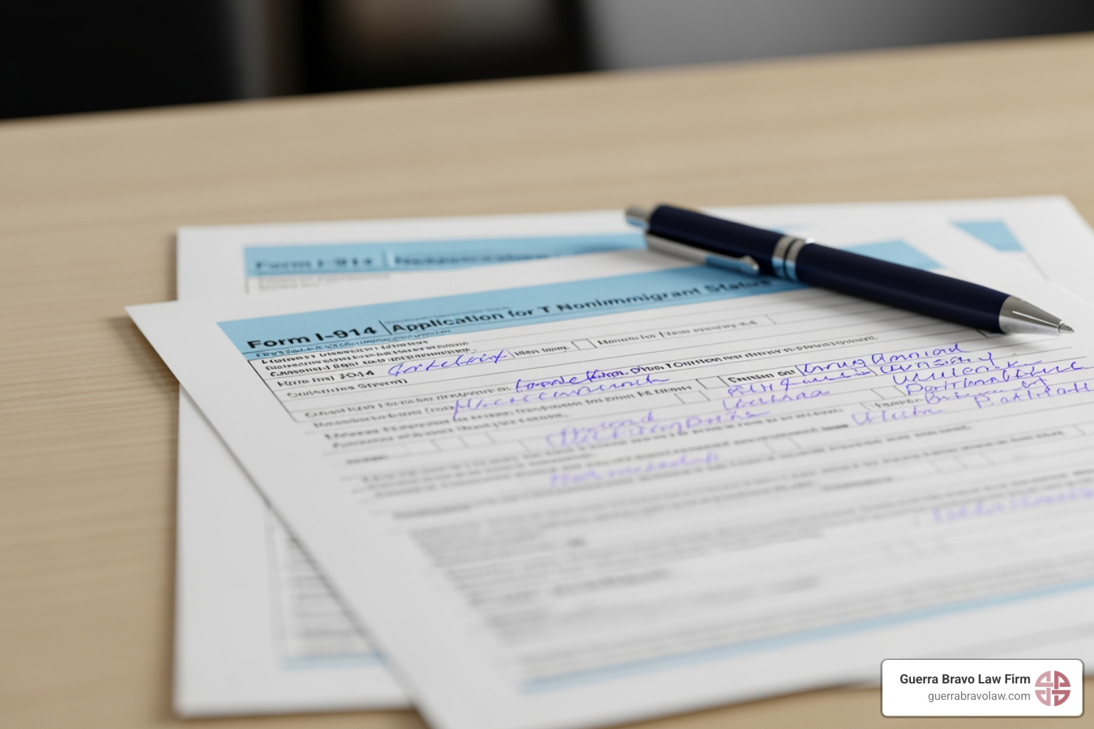 A blurred image of a partially completed Form I-914 application packet - T visa lawyer