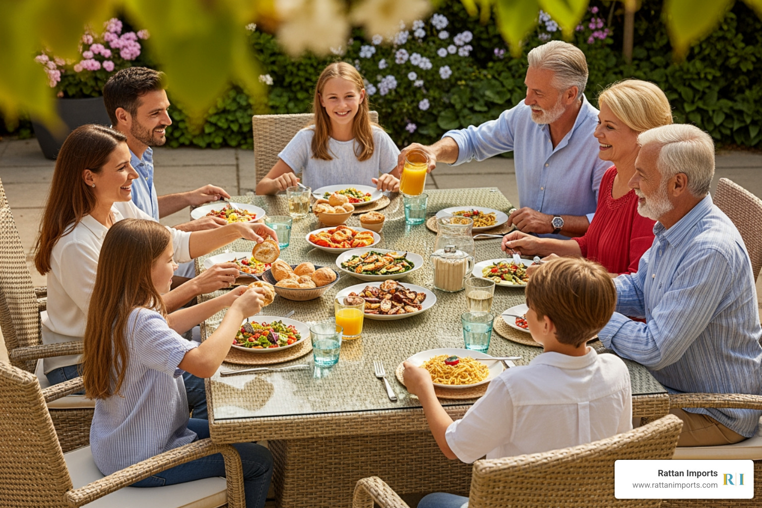 Family enjoying a meal at a 6-seater rectangular rattan dining set - rattan dining set clearance Family enjoying a meal at a 6-seater rectangular rattan dining set - rattan dining set clearance