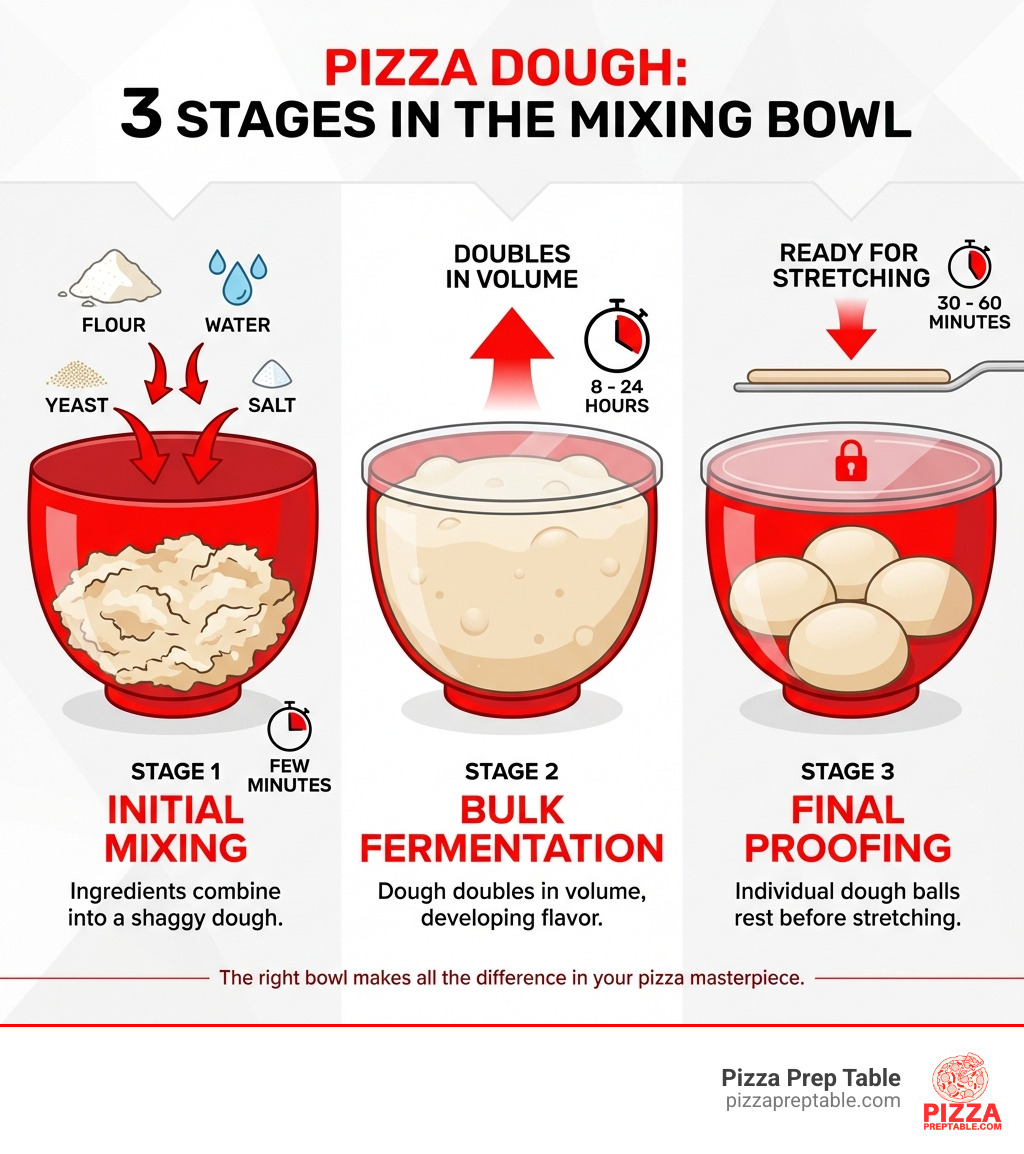 Infographic showing the three critical stages of pizza dough in a mixing bowl: Stage 1 - Initial mixing where ingredients combine into a shaggy dough; Stage 2 - Bulk fermentation where dough doubles in volume over 8-24 hours; Stage 3 - Final proofing after portioning where individual dough balls rest before stretching - pizza dough mixing bowl infographic 