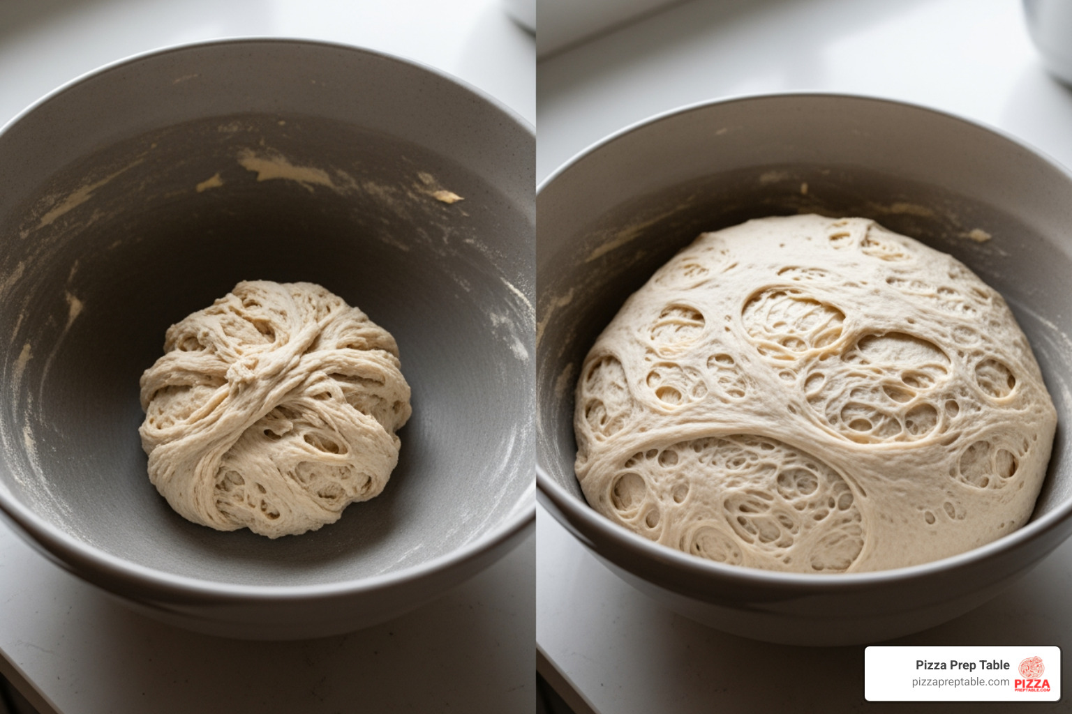 dough before and after rising in a large bowl - pizza dough mixing bowl