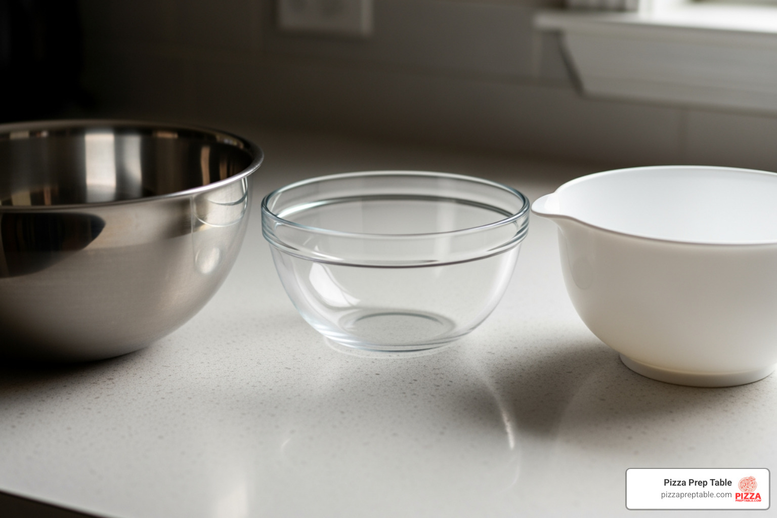 different types of mixing bowls (metal, glass, food-safe plastic) side-by-side - pizza dough mixing bowl