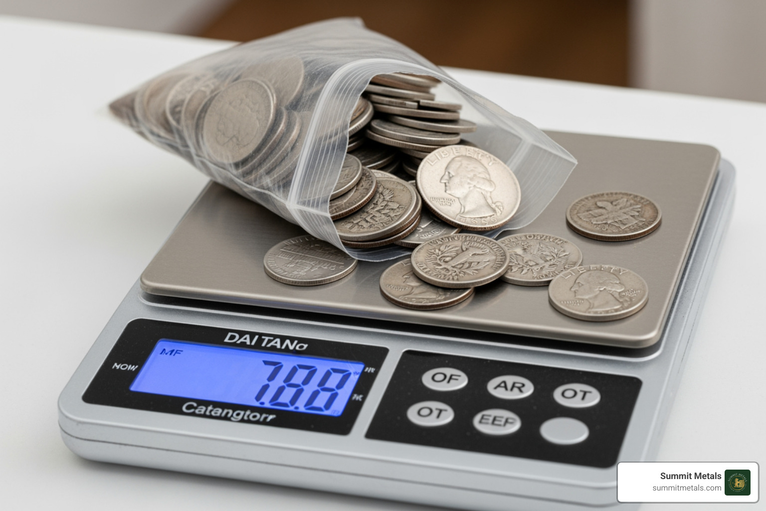 digital scale weighing a bag of junk silver coins - 1 troy pound of junk silver
