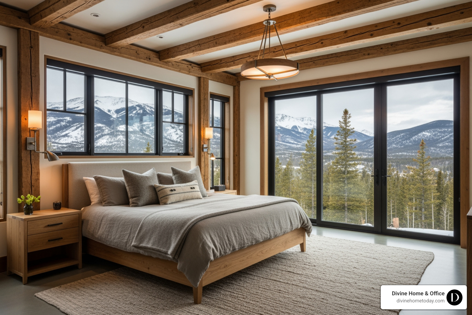 Rustic-modern Colorado luxury bedroom with exposed timber beams, natural fabrics, warm wood tones, large windows with mountain views, soft ambient light, high-end finishes, clean and serene styling, no Victorian or traditional European decor - contemporary style homes interior Rustic-modern Colorado luxury bedroom with exposed timber beams, natural fabrics, warm wood tones, large windows with mountain views, soft ambient light, high-end finishes, clean and serene styling, no Victorian or traditional European decor - contemporary style homes interior