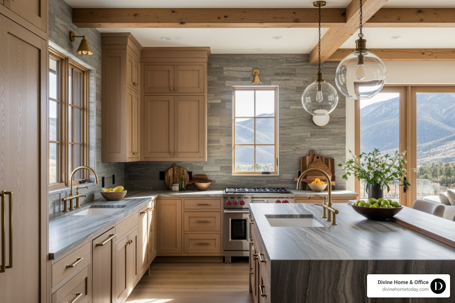 High-end modern mountain kitchen in a million-dollar Denver home, stone countertops, natural wood cabinetry, brass hardware, exposed beams, natural textures, large windows with Colorado mountain views, bright natural lighting, warm neutral palette, no Victorian or traditional elements - contemporary style homes interior High-end modern mountain kitchen in a million-dollar Denver home, stone countertops, natural wood cabinetry, brass hardware, exposed beams, natural textures, large windows with Colorado mountain views, bright natural lighting, warm neutral palette, no Victorian or traditional elements - contemporary style homes interior