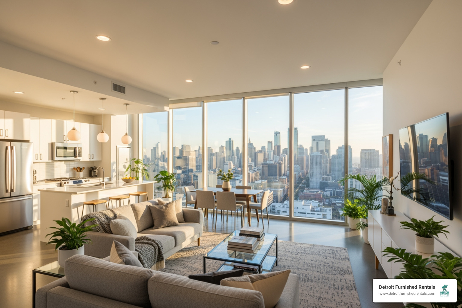 A modern, furnished apartment interior with large windows overlooking the city - apartments near Detroit museums A modern, furnished apartment interior with large windows overlooking the city - apartments near Detroit museums