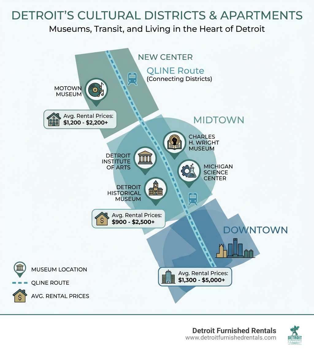Infographic showing a map of Detroit's cultural districts with Midtown, New Center, and Downtown highlighted, featuring pinned locations of Detroit Institute of Arts, Charles H. Wright Museum, Detroit Historical Museum, Motown Museum, and Michigan Science Center, with QLINE route marked and average rental prices by district - apartments near Detroit museums infographic Infographic showing a map of Detroit's cultural districts with Midtown, New Center, and Downtown highlighted, featuring pinned locations of Detroit Institute of Arts, Charles H. Wright Museum, Detroit Historical Museum, Motown Museum, and Michigan Science Center, with QLINE route marked and average rental prices by district - apartments near Detroit museums infographic