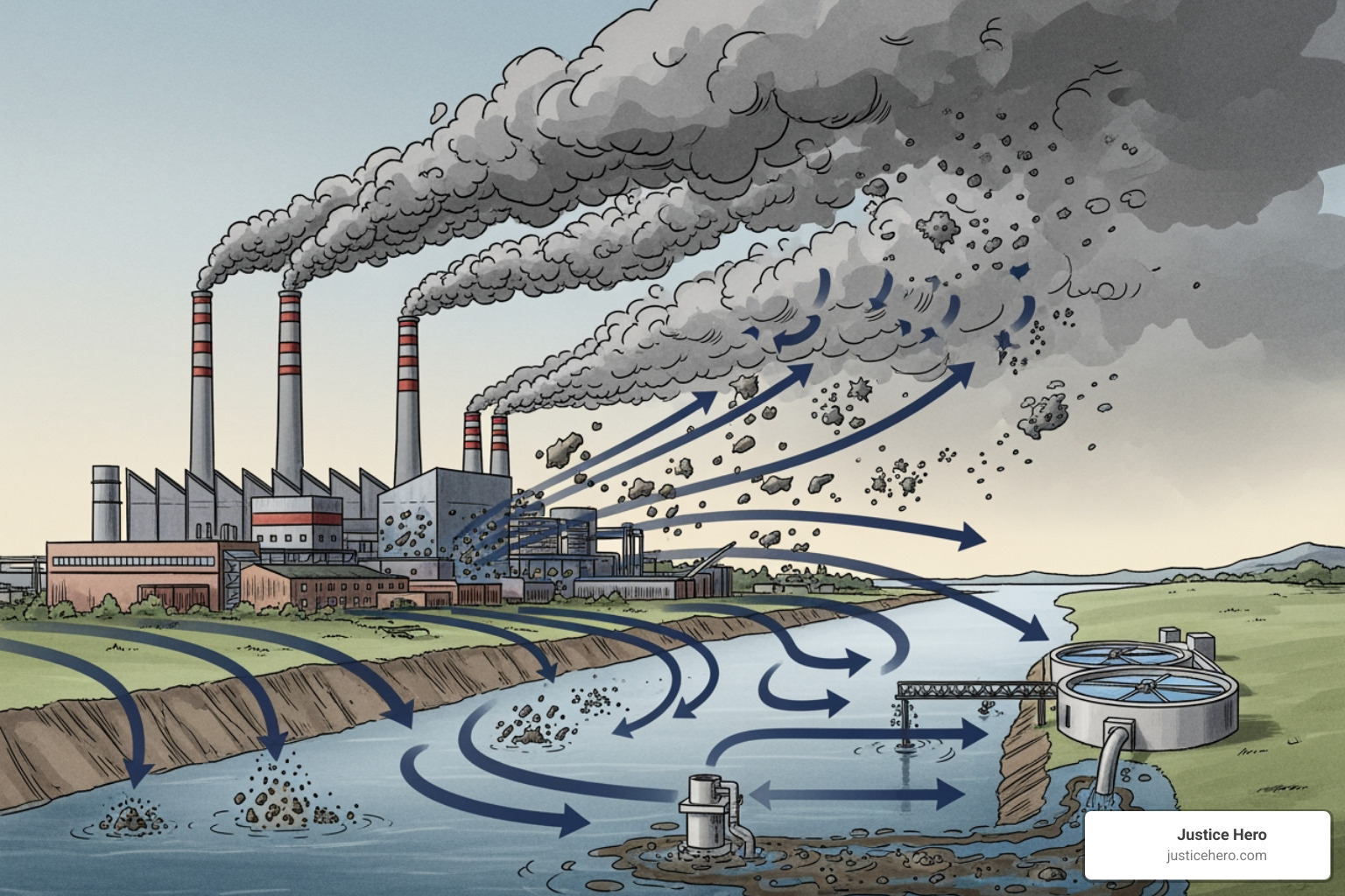 Illustration showing how PFAS chemicals spread from a factory into the water supply - PFAS action
