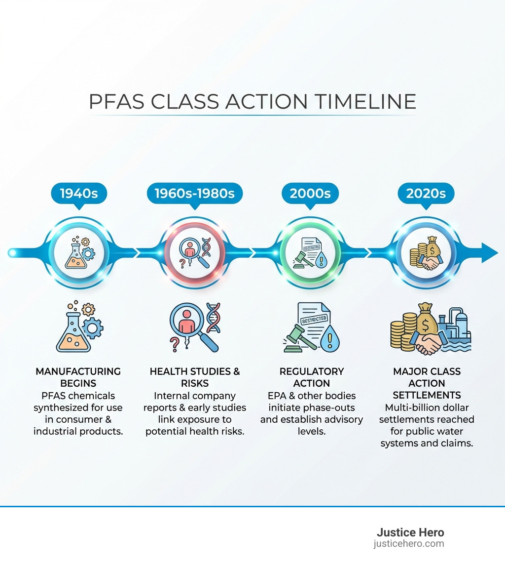 Infographic showing timeline from PFAS manufacturing in 1940s, to health studies in 1960s-1980s showing risks, to regulatory action in 2000s, to major action settlements in 2020s - PFAS action infographic 