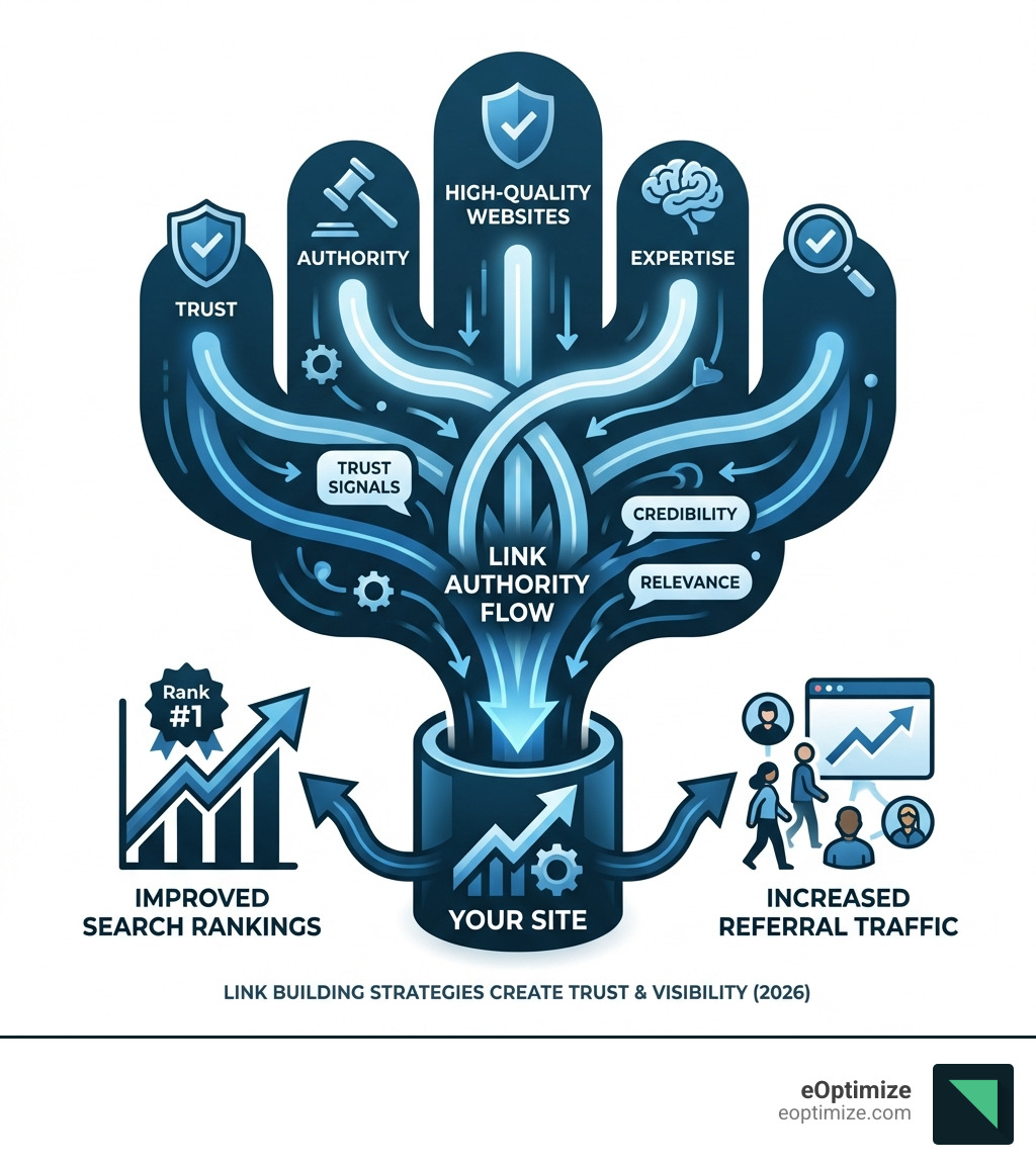 Infographic showing how link authority flows from high-quality websites to your site, creating trust signals that improve search rankings and referral traffic - Link building strategies infographic Infographic showing how link authority flows from high-quality websites to your site, creating trust signals that improve search rankings and referral traffic - Link building strategies infographic