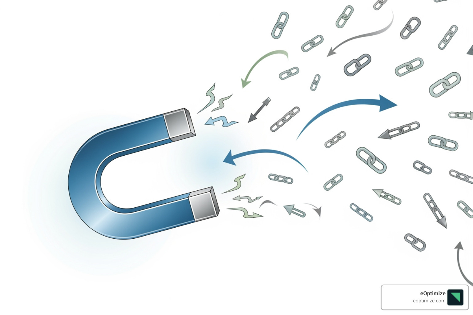 A stylized magnet labeled "Content Magnet" attracting numerous small links, symbolizing valuable content drawing in backlinks - Link building strategies A stylized magnet labeled "Content Magnet" attracting numerous small links, symbolizing valuable content drawing in backlinks - Link building strategies