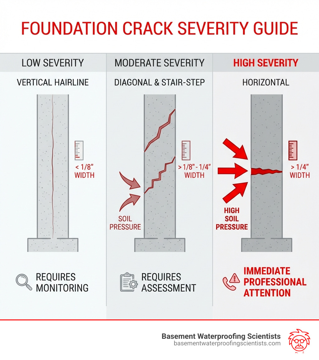 infographic showing vertical hairline cracks labeled as low severity requiring monitoring, diagonal and stair-step cracks labeled as moderate severity requiring assessment, and horizontal cracks labeled as high severity requiring immediate professional attention, with visual indicators of crack width measurements and soil pressure arrows - best product for sealing foundation cracks infographic infographic showing vertical hairline cracks labeled as low severity requiring monitoring, diagonal and stair-step cracks labeled as moderate severity requiring assessment, and horizontal cracks labeled as high severity requiring immediate professional attention, with visual indicators of crack width measurements and soil pressure arrows - best product for sealing foundation cracks infographic