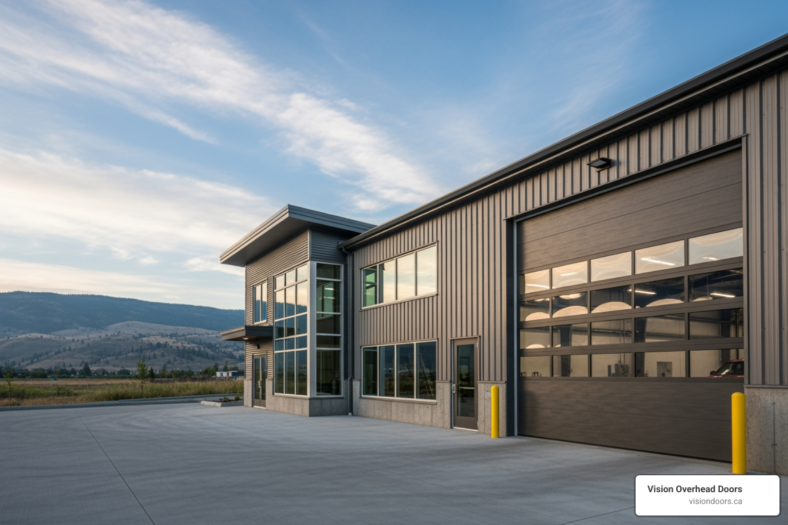 Infographic showing the step-by-step process of commercial garage door installation: 1. Initial consultation and needs assessment, 2. Site evaluation and measurements, 3. Door type and feature selection (insulation, security, automation), 4. Professional installation by certified technicians, 5. Safety testing and operator training, 6. Ongoing maintenance scheduling - commercial garage door installation in vernon, bc Commercial building exterior featuring a large overhead garage door, designed for durability and efficiency, showcasing Vision Overhead Doors branding, set against a scenic backdrop in Vernon, BC.