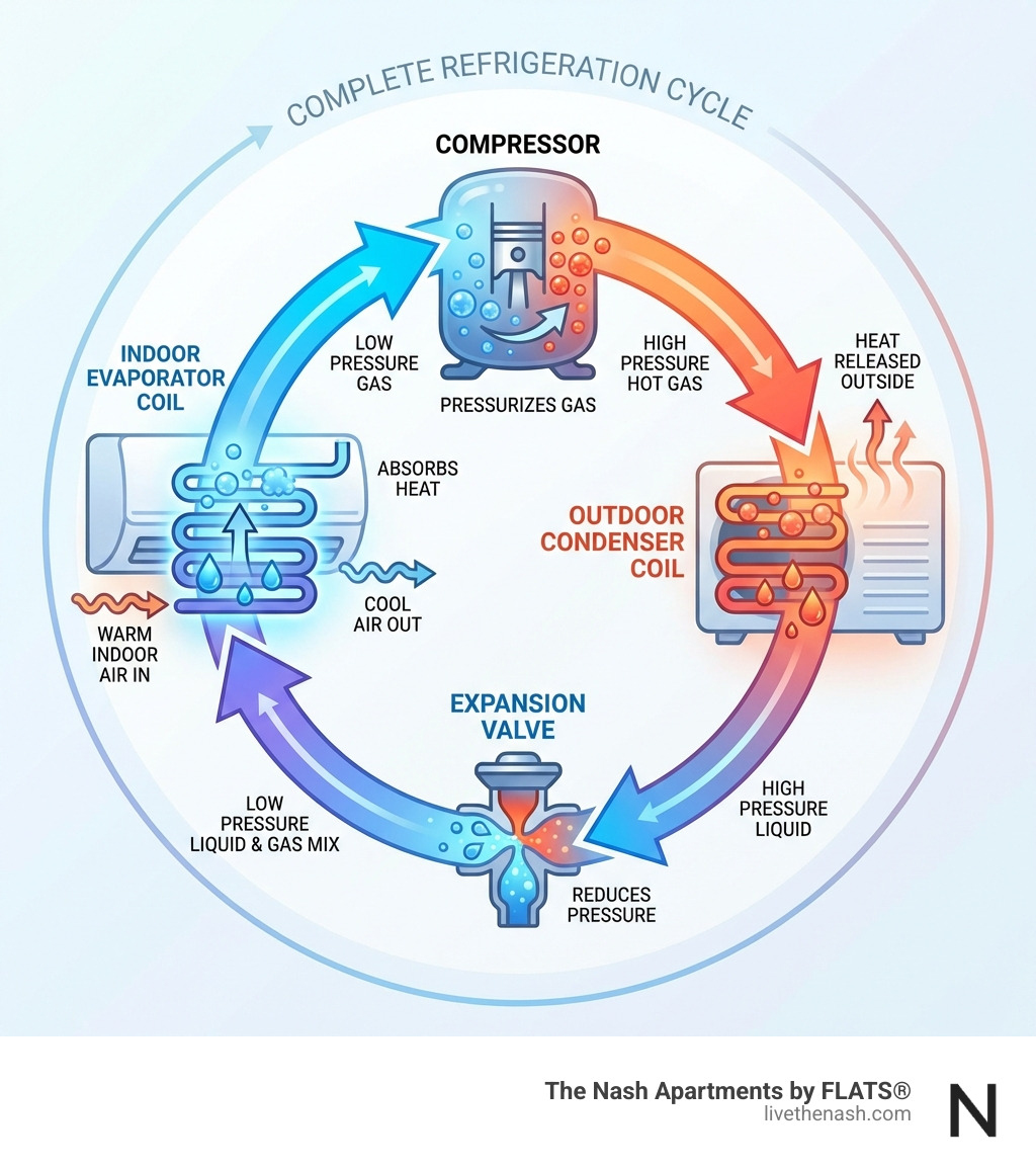 Detailed infographic showing the complete refrigeration cycle of a central air conditioning system, with arrows indicating refrigerant flow from indoor evaporator coil absorbing heat, through the compressor pressurizing the gas, to the outdoor condenser coil releasing heat, and back through the expansion valve to restart the cycle - how does central ac work infographic 