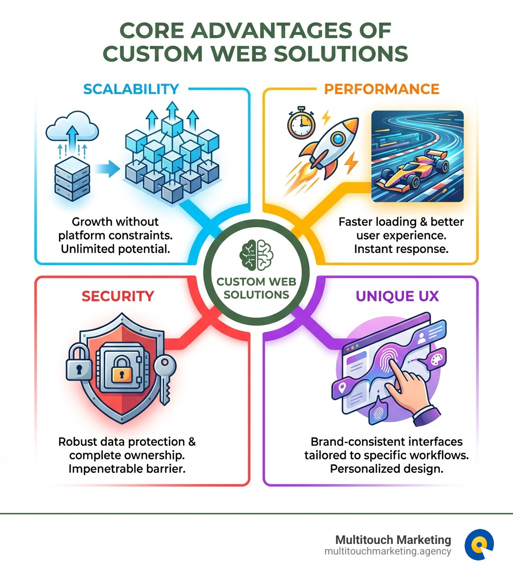 Infographic showing the core advantages of custom web solutions: Scalability allows growth without platform constraints, Security provides robust data protection and complete ownership, Performance delivers faster loading and better user experience, and Unique UX creates brand-consistent interfaces tailored to specific workflows - Custom web solutions infographic Infographic showing the core advantages of custom web solutions: Scalability allows growth without platform constraints, Security provides robust data protection and complete ownership, Performance delivers faster loading and better user experience, and Unique UX creates brand-consistent interfaces tailored to specific workflows - Custom web solutions infographic