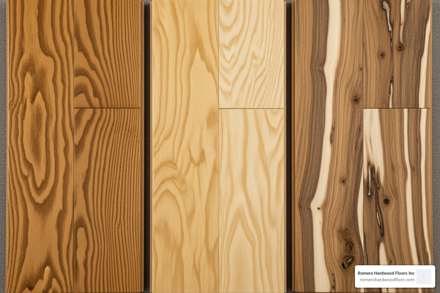 different wood species samples like Oak, Maple, and Hickory - Hardwood Flooring