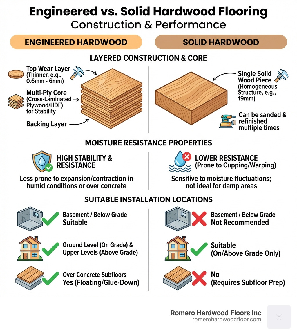 Infographic showing the layered construction of engineered hardwood versus solid hardwood, including wear layer thickness, core materials, moisture resistance properties, and suitable installation locations for each type - Hardwood Flooring infographic 