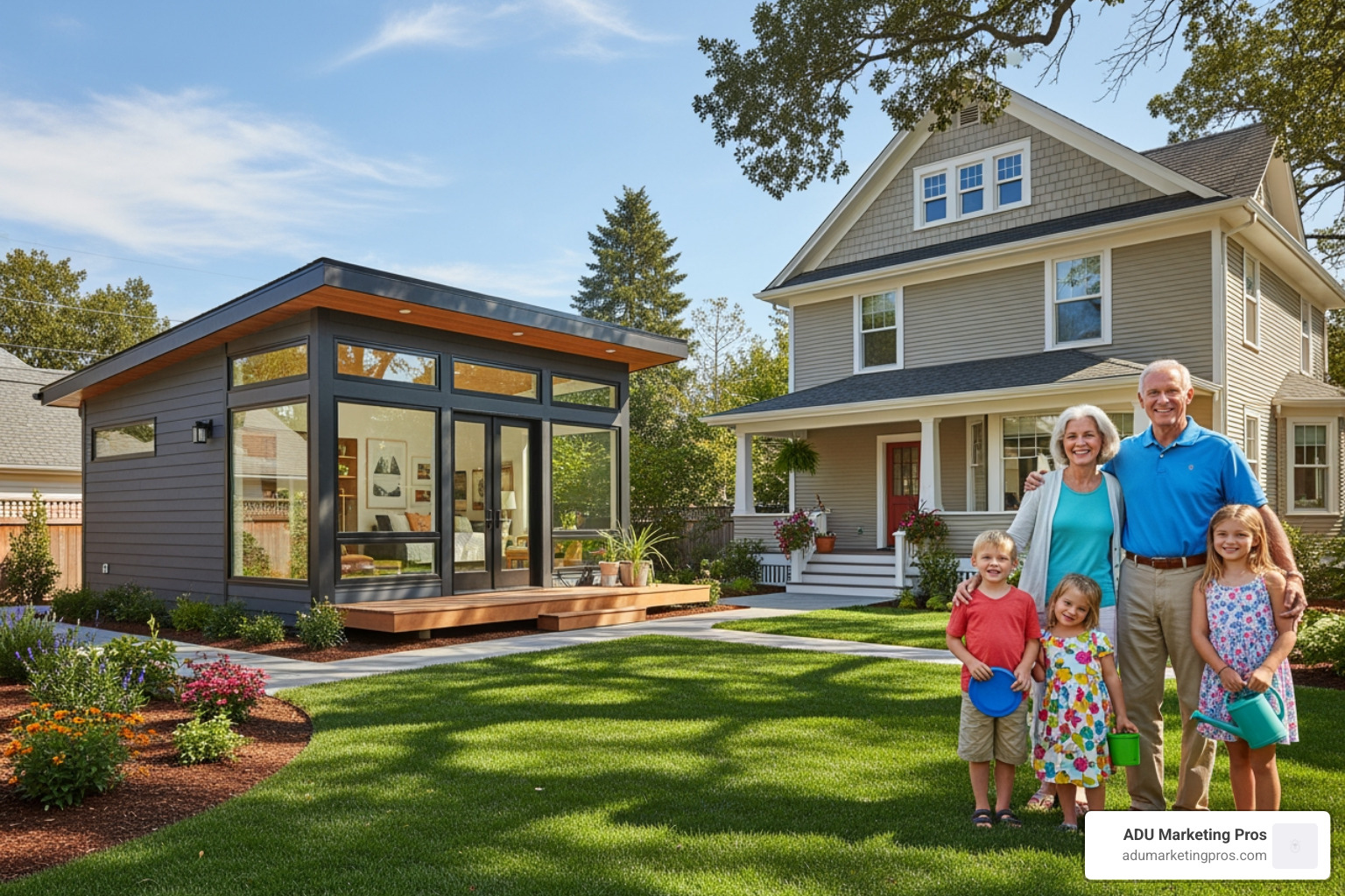 happy family with multiple generations standing between their main home and a new prefab ADU in the backyard - prefab mother in law suite happy family with multiple generations standing between their main home and a new prefab ADU in the backyard - prefab mother in law suite