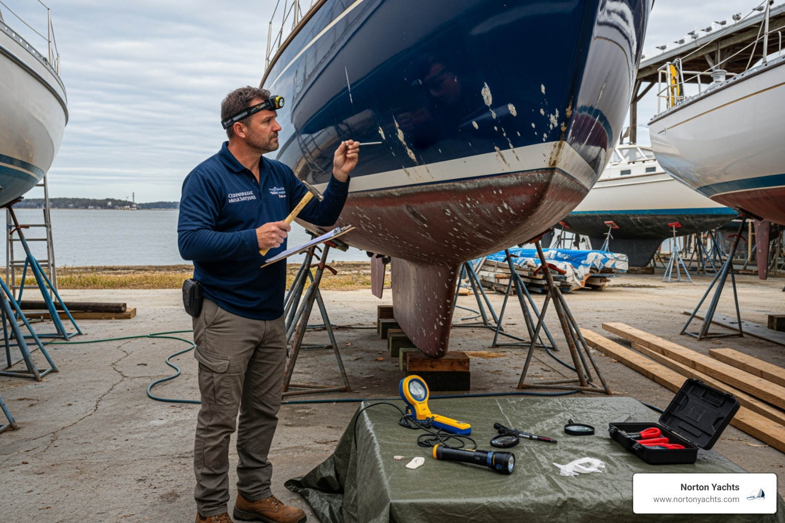 Norton Yachts surveyor inspecting a hull - used sailboats for sale virginia Norton Yachts surveyor inspecting a hull - used sailboats for sale virginia