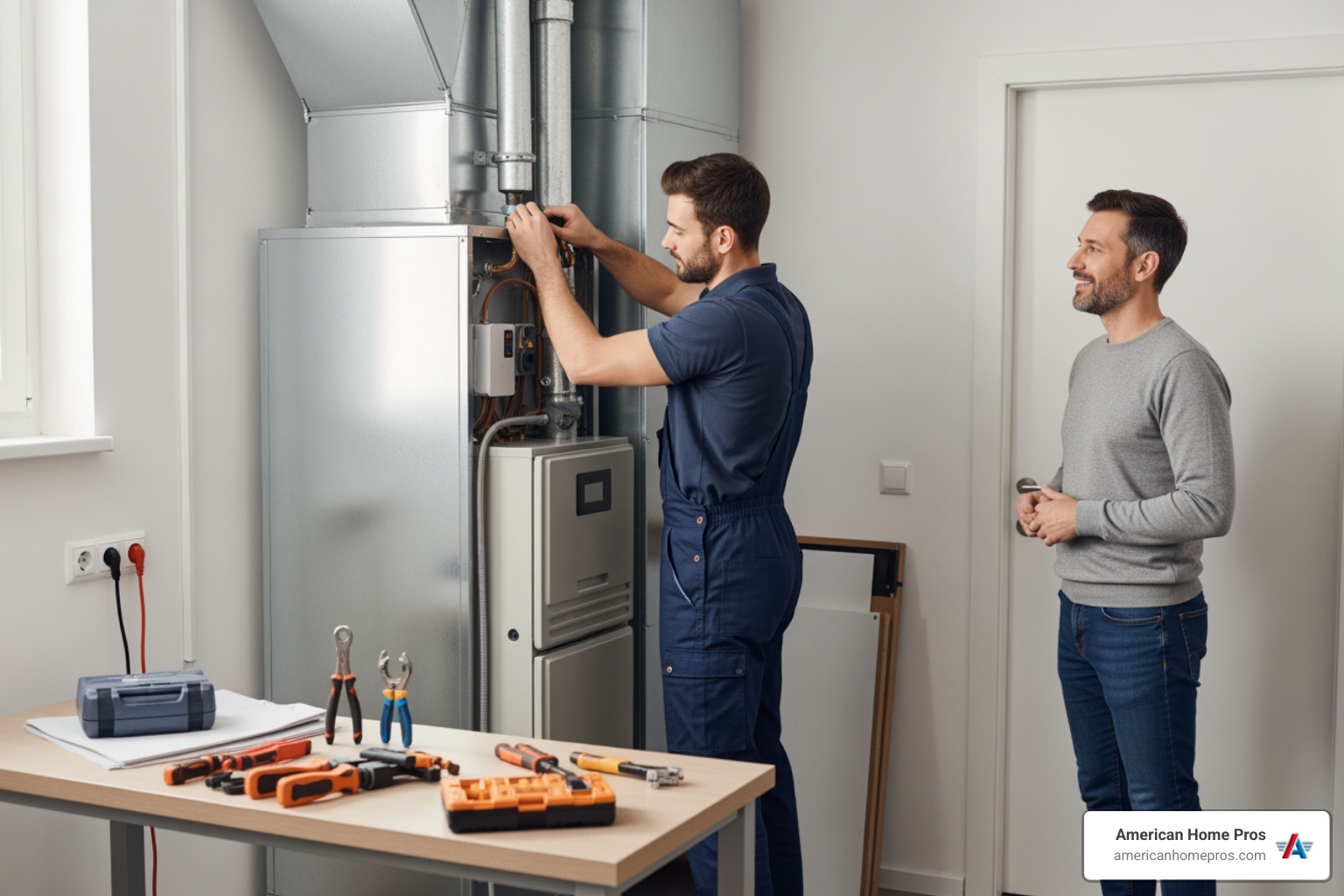 Infographic showing the heater installation process: step 1 - in-home consultation and load calculation, step 2 - old system removal and new equipment installation with ductwork and electrical connections, step 3 - final testing and homeowner walkthrough, followed by ongoing maintenance for optimal performance and efficiency - heater installation in jenks, ok