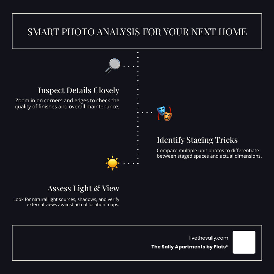 infographic showing a step-by-step guide to analyzing apartment photos: 1) zoom in on corners and edges to check quality, 2) compare multiple units to spot staging tricks, 3) look for natural light sources and shadows, 4) measure visible furniture against standard sizes, 5) check amenity photos for cleanliness and maintenance, 6) verify views match the actual location on maps - pleasant view apartments photos infographic infographic-line-3-steps-dark infographic showing a step-by-step guide to analyzing apartment photos: 1) zoom in on corners and edges to check quality, 2) compare multiple units to spot staging tricks, 3) look for natural light sources and shadows, 4) measure visible furniture against standard sizes, 5) check amenity photos for cleanliness and maintenance, 6) verify views match the actual location on maps - pleasant view apartments photos infographic infographic-line-3-steps-dark