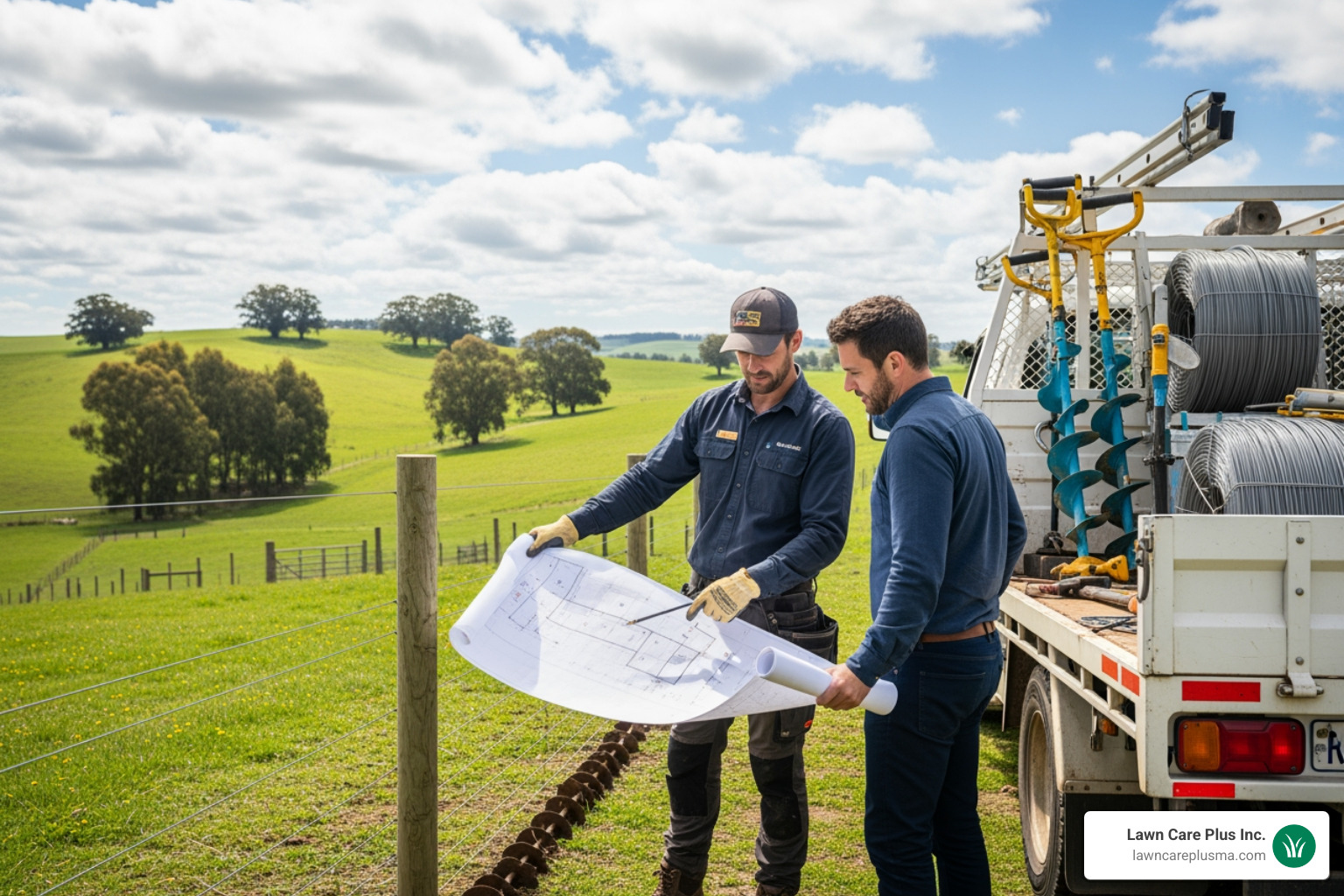 a fence installer examining a blueprint with a client - agricultural fence installers near me a fence installer examining a blueprint with a client - agricultural fence installers near me