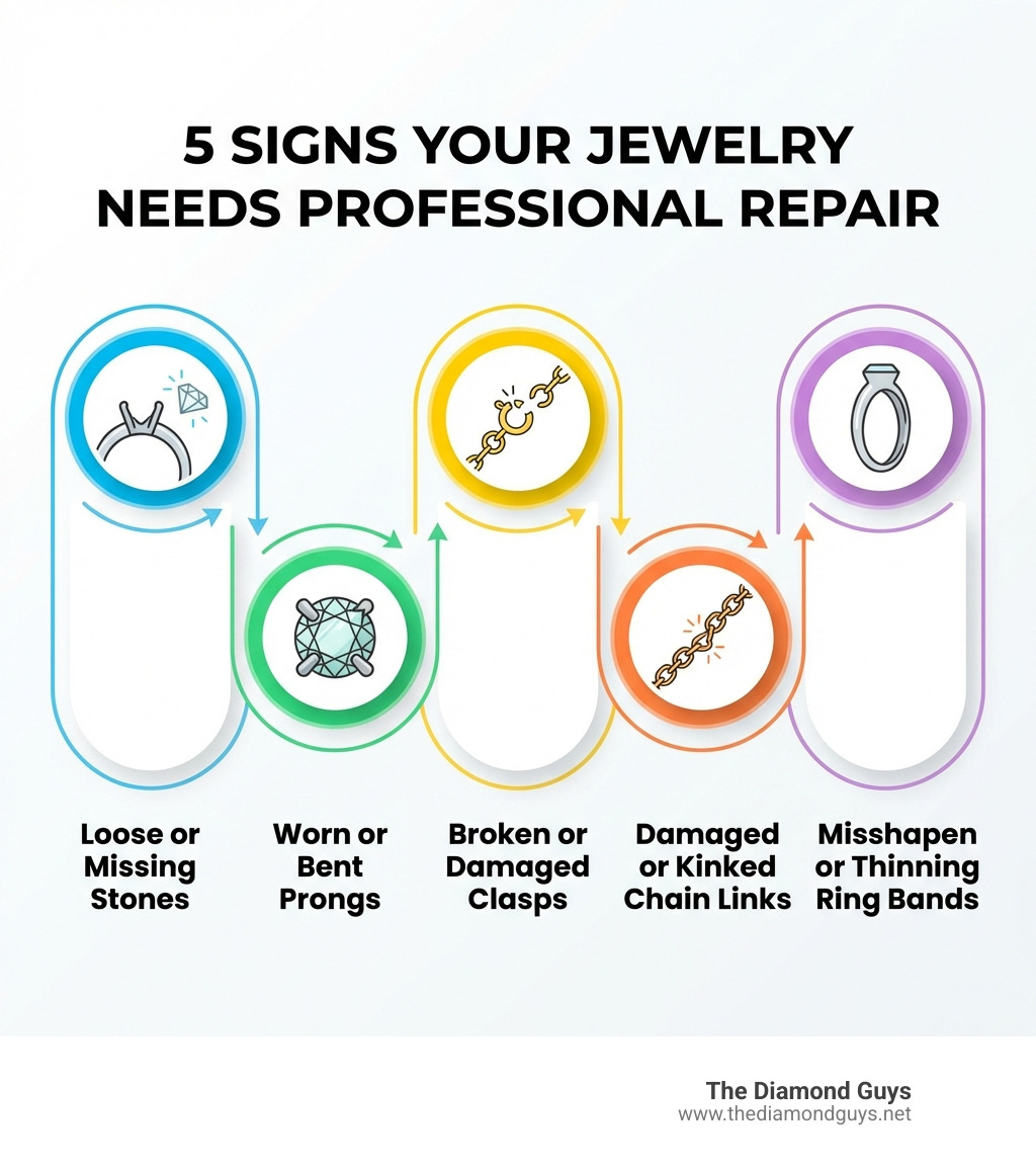 Infographic showing 5 common signs your jewelry needs professional repair: loose or missing stones, worn or bent prongs holding gemstones, broken or damaged clasps on necklaces and bracelets, damaged or kinked chain links, and misshapen or thinning ring bands - Jewelry Repair Near Me infographic Infographic showing 5 common signs your jewelry needs professional repair: loose or missing stones, worn or bent prongs holding gemstones, broken or damaged clasps on necklaces and bracelets, damaged or kinked chain links, and misshapen or thinning ring bands - Jewelry Repair Near Me infographic