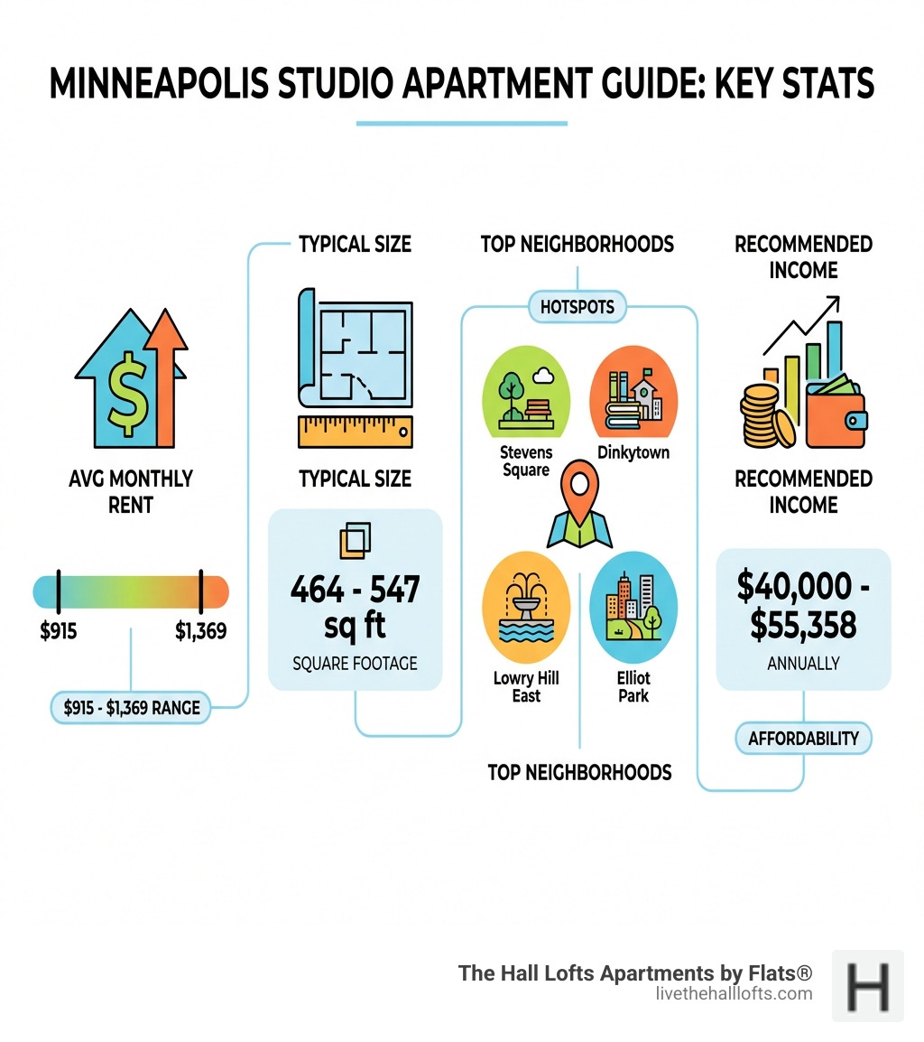 Infographic showing average studio rent ranges from $915-$1,369, typical square footage of 464-547 sq ft, and top neighborhoods including Stevens Square, Dinkytown, Loring Park, Lowry Hill East, and Elliot Park, with income recommendation of $40,000-$55,358 annually - average cost of a studio apartment in minneapolis infographic 