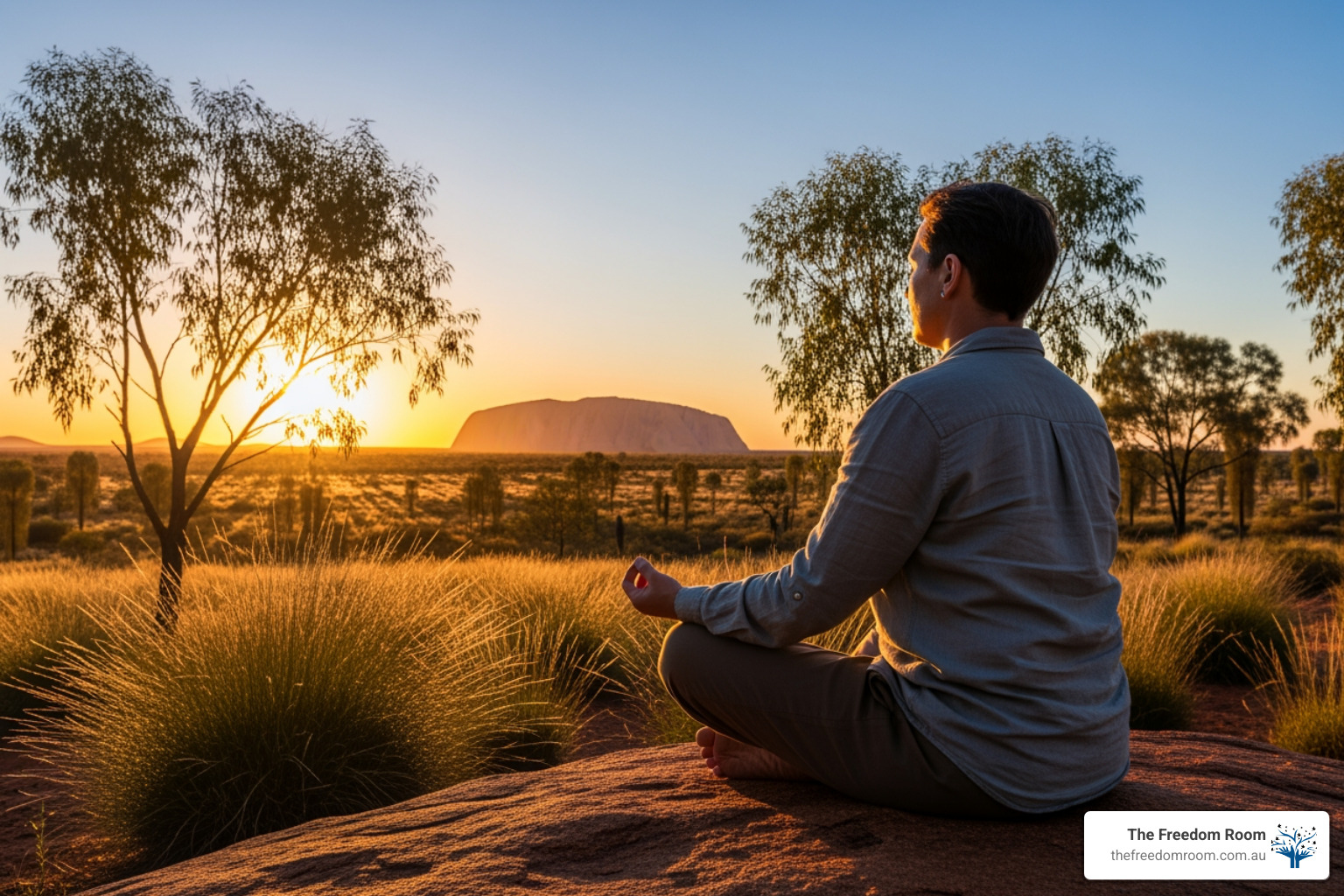 A person meditating at sunrise in the Australian outback, showcasing mindfulness as a pillar of self-care for recovery. A person meditating at sunrise in the Australian outback, showcasing mindfulness as a pillar of self-care for recovery.