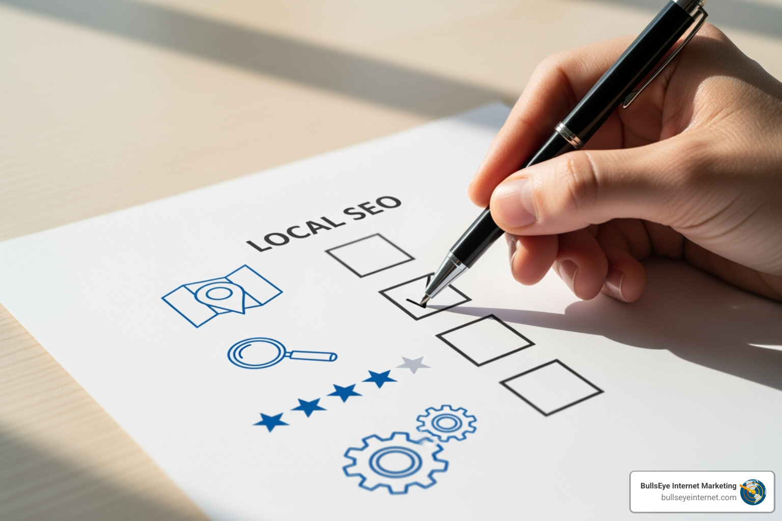 Hand holding a pen checking off a list titled "LOCAL SEO" with icons representing a map, magnifying glass, five stars, and gears, symbolizing essential components of local SEO strategies for businesses.