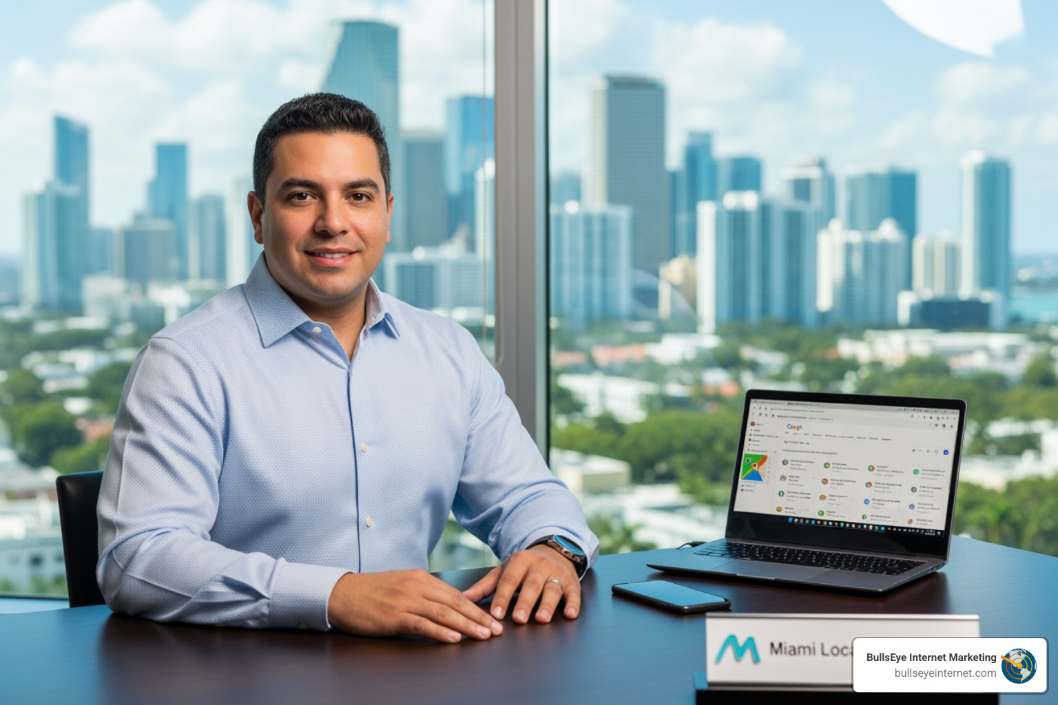 Man sitting at a desk with Miami skyline in the background, showcasing local SEO expertise with a laptop displaying Google My Business insights and a sign for Miami Local Marketing.