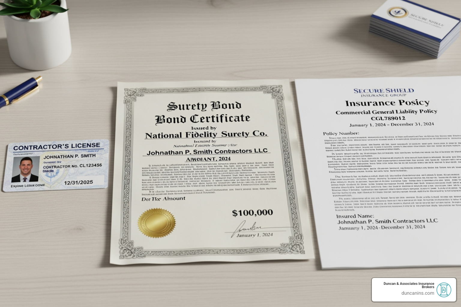 of a contractor's license, a bond certificate, and an insurance policy document side-by-side - licensed insured contractors