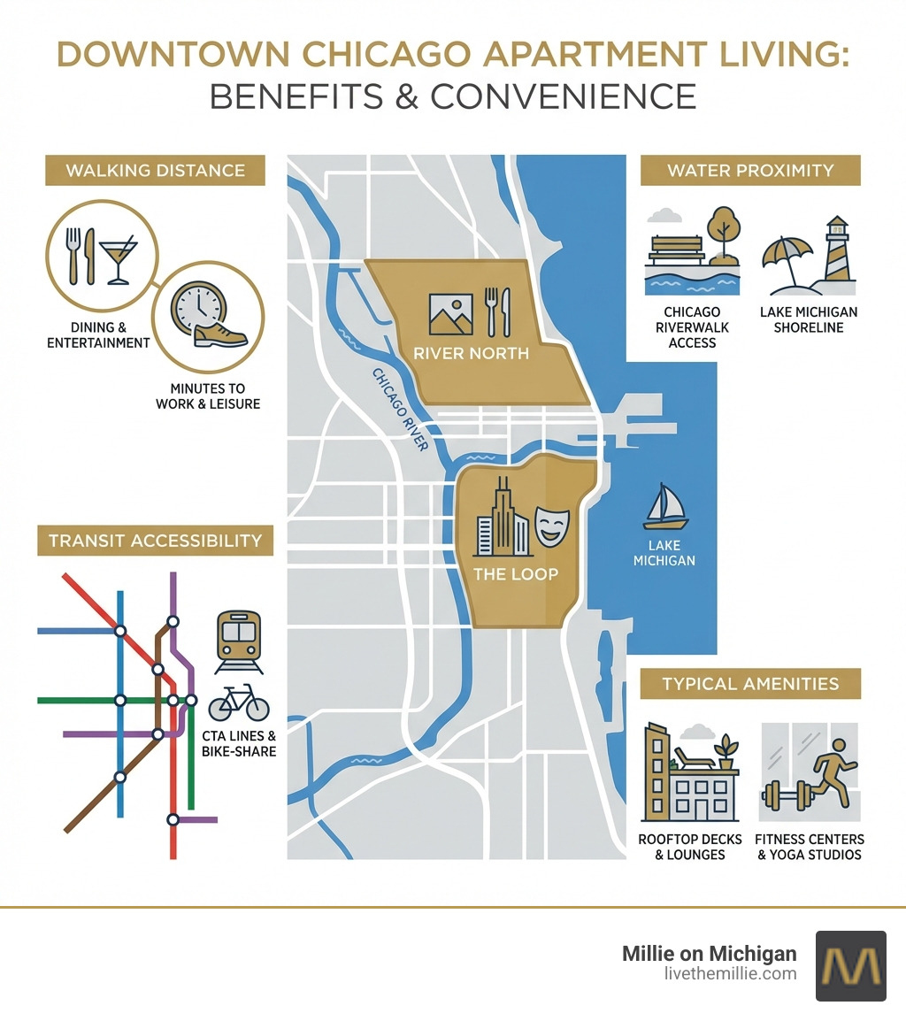 Infographic showing the benefits of downtown Chicago apartment living: a map highlighting The Loop and River North neighborhoods, icons representing walking distance to dining and entertainment, transit accessibility with CTA lines, proximity to the Chicago River and Lake Michigan, and typical apartment amenities like rooftop decks and fitness centers - downtown apartments for rent infographic Infographic showing the benefits of downtown Chicago apartment living: a map highlighting The Loop and River North neighborhoods, icons representing walking distance to dining and entertainment, transit accessibility with CTA lines, proximity to the Chicago River and Lake Michigan, and typical apartment amenities like rooftop decks and fitness centers - downtown apartments for rent infographic