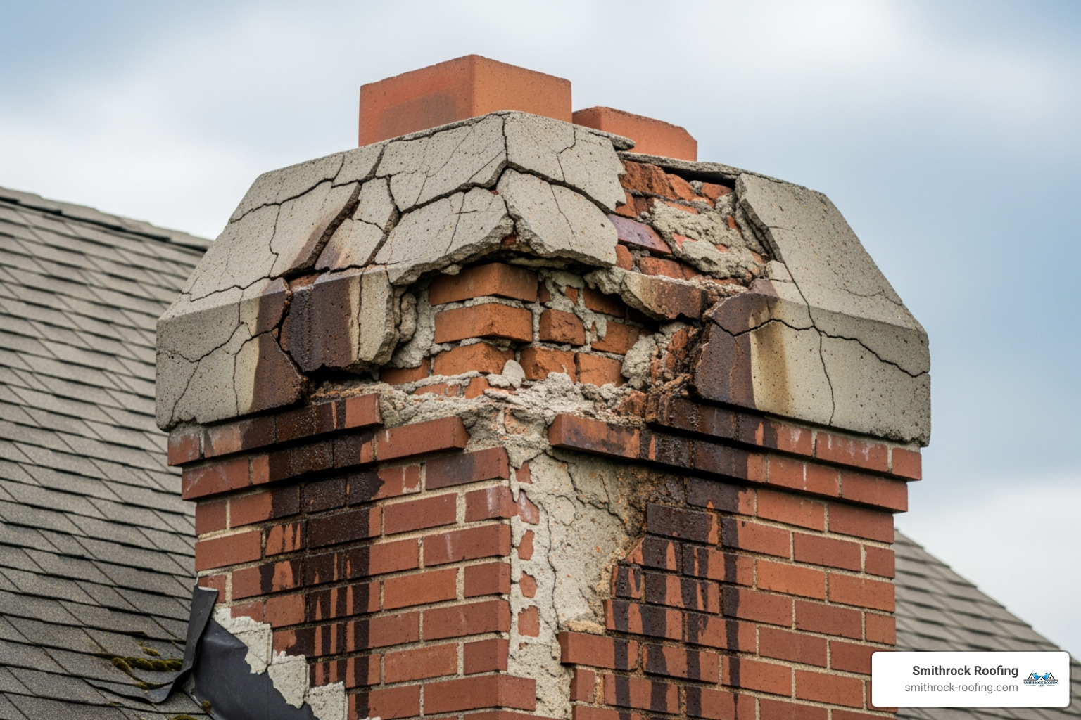 A deteriorating chimney crown with visible water damage and crumbling masonry due to a missing chimney cap - Chimney cap services