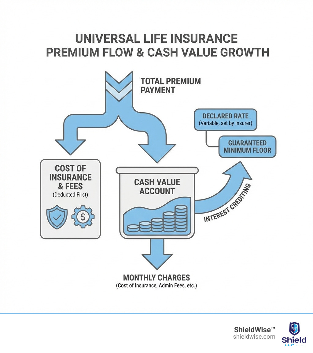 Infographic showing the flow of a universal life insurance premium: total premium splits into three paths - cost of insurance and fees (deducted first), remaining amount goes to cash value account, which then earns interest based on declared rate with guaranteed minimum floor, while monthly charges continue to be deducted from the growing cash value - how cash value grows in universal life insurance infographic 