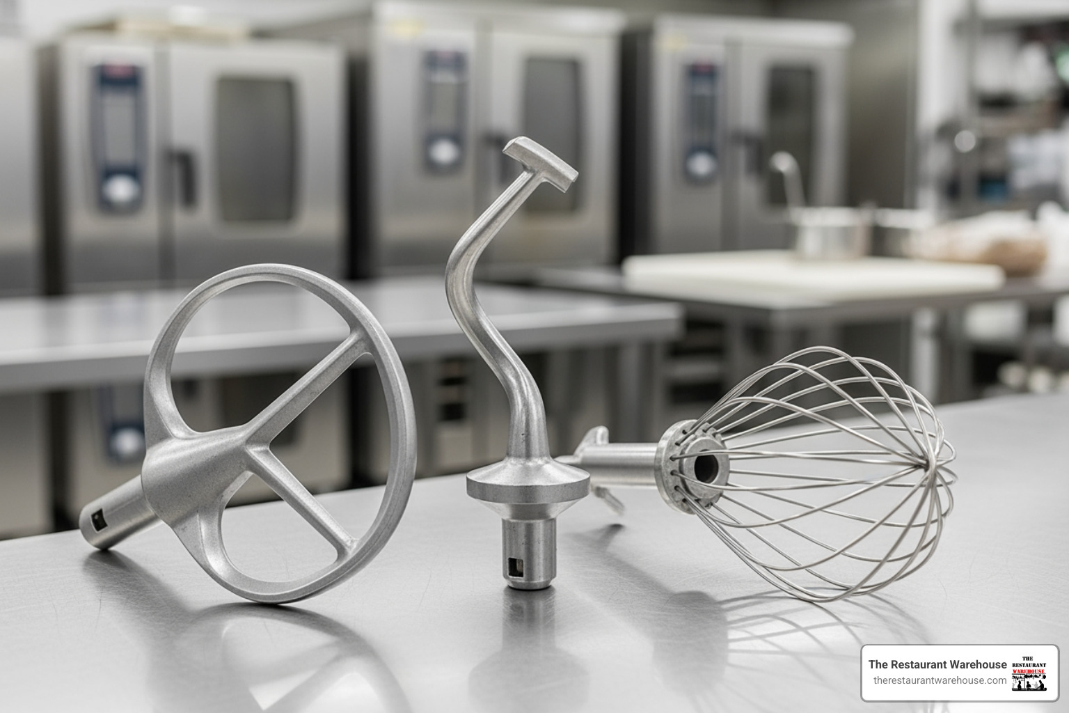 Three main planetary mixer attachments: a spiral dough hook, a flat beater, and a wire whip, displayed in a professional setting - Planetary dough mixer Three main planetary mixer attachments: a spiral dough hook, a flat beater, and a wire whip, displayed in a professional setting - Planetary dough mixer