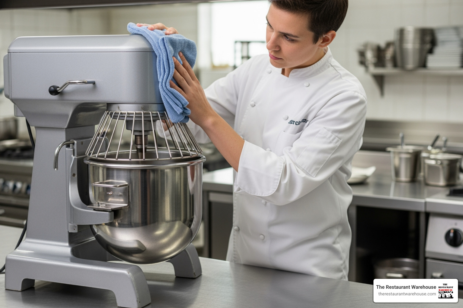 Person wiping down the exterior of a planetary mixer with a soft cloth, demonstrating proper cleaning and maintenance - Planetary dough mixer Person wiping down the exterior of a planetary mixer with a soft cloth, demonstrating proper cleaning and maintenance - Planetary dough mixer