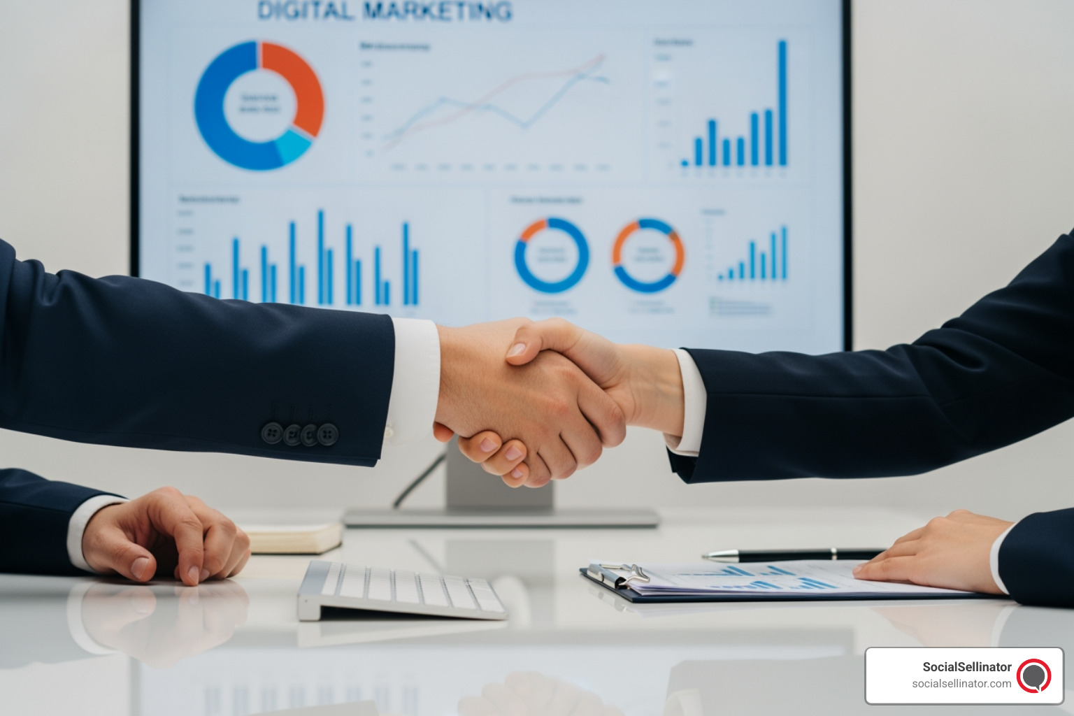 Two business professionals shaking hands across a polished desk, with digital marketing performance charts and graphs visible on a screen in the background. The scene conveys a successful partnership and strategic collaboration. - top search marketing agencies