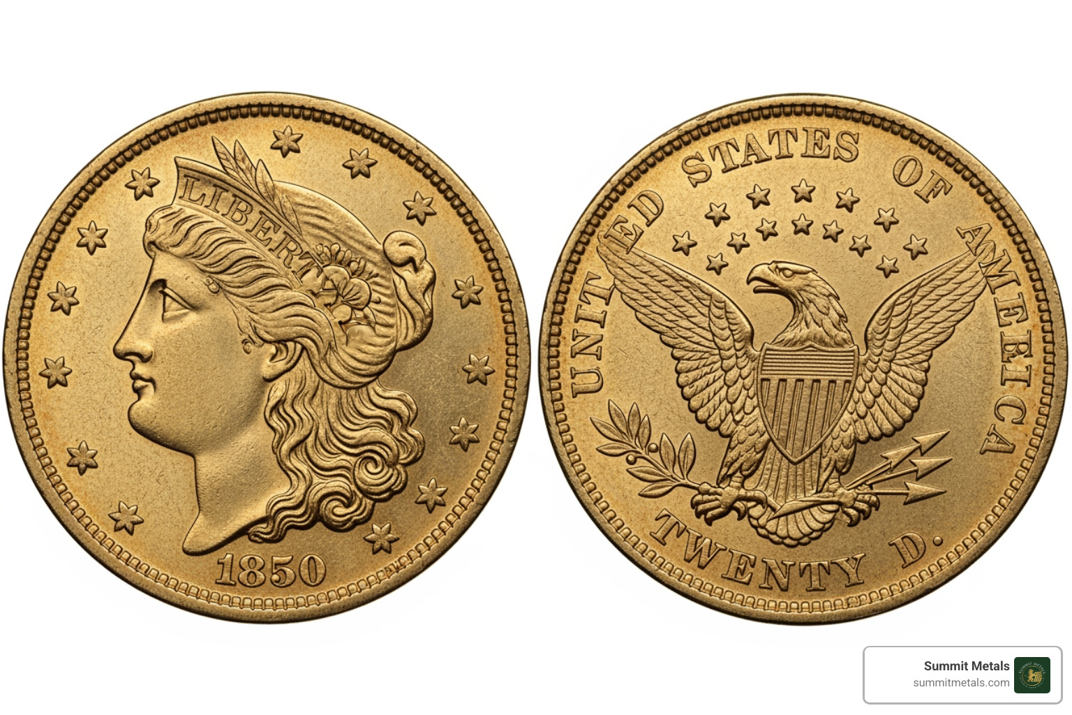 Obverse and reverse of the 1850 $20 Liberty Gold Double Eagle, highlighting Lady Liberty, stars, coronet, eagle, shield, olive branch, arrows, and denomination - 1850 $20 liberty gold double eagle