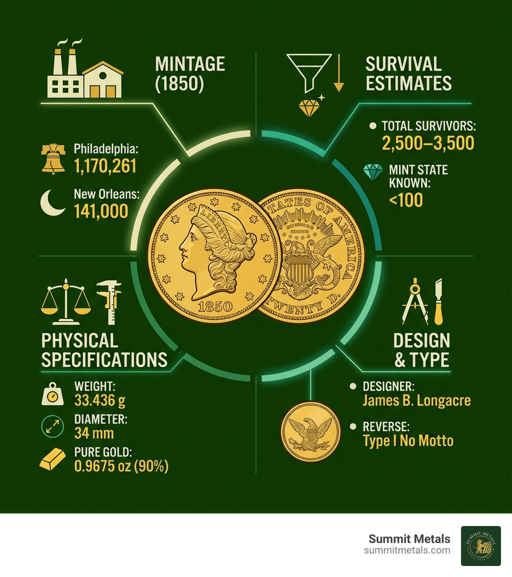 Infographic showing the 1850 $20 Liberty Gold Double Eagle specifications: 1,170,261 Philadelphia mintage, 141,000 New Orleans mintage, 0.9675 oz pure gold content, 33.436 gram weight, 34 mm diameter, designed by James B. Longacre, Type I No Motto reverse, estimated 2,500-3,500 survivors, and fewer than 100 Mint State examples known - 1850 $20 liberty gold double eagle infographic 