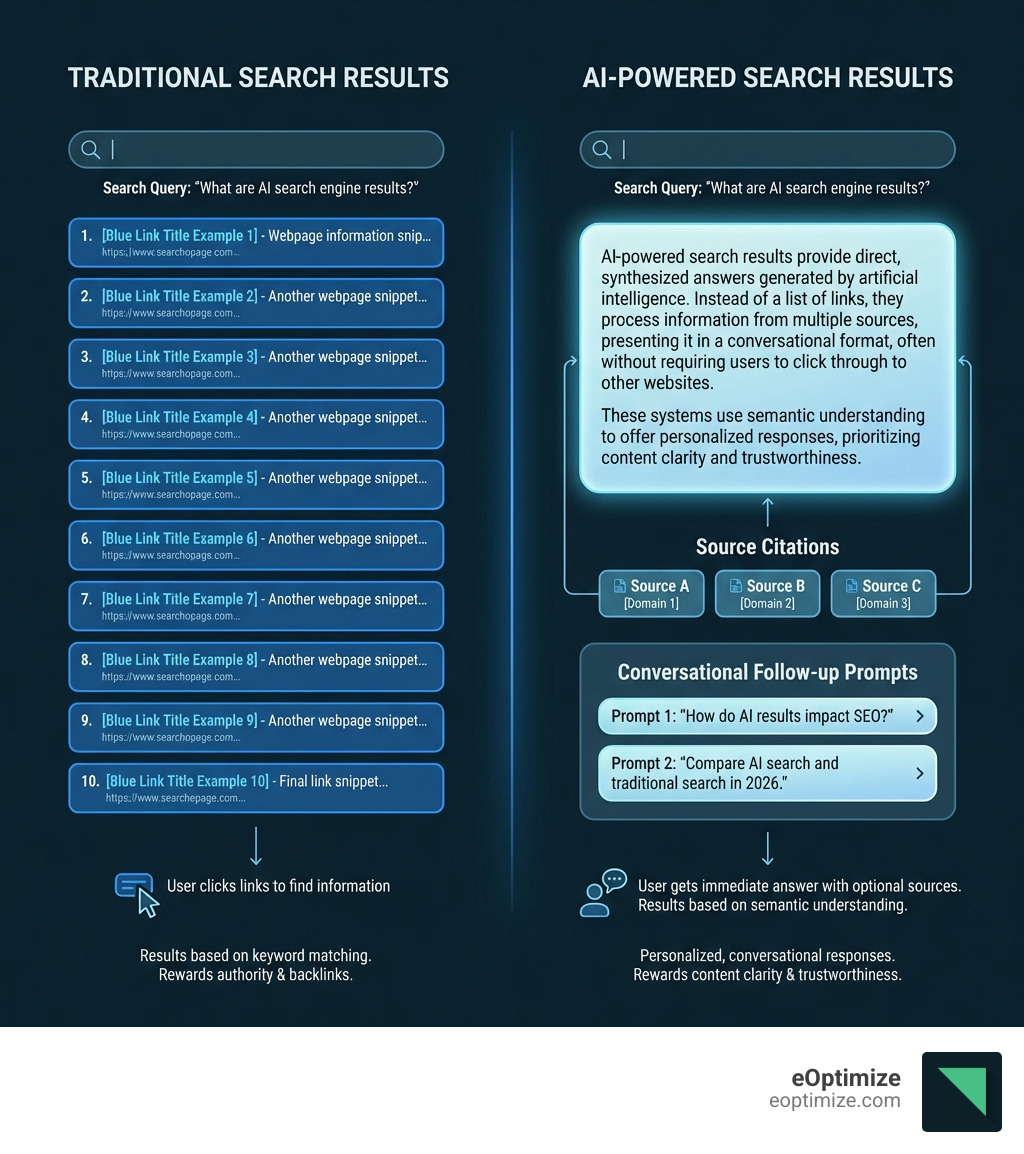 Infographic comparing traditional search results page showing 10 blue links with rankings versus AI-powered search results page showing a synthesized answer paragraph at top with source citations below and conversational follow-up prompts - AI search engine results infographic 