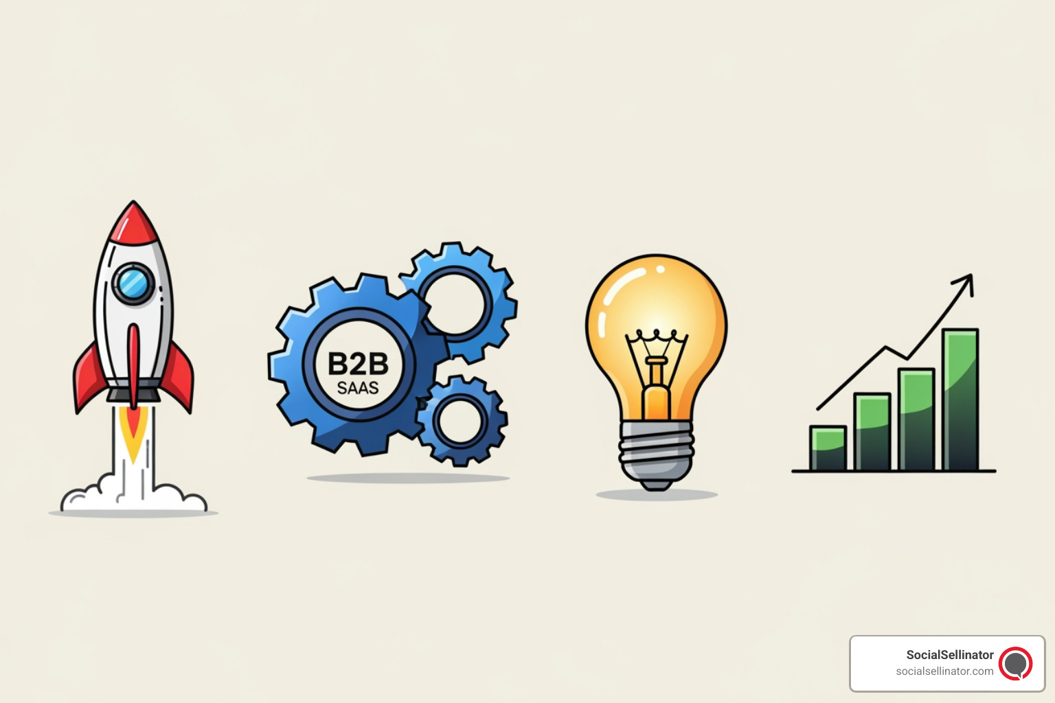 A set of four stylized icons representing different agency archetypes: a rocket for growth, a gear for B2B/SaaS, a lightbulb for branding, and a bar chart for performance. - best marketing agencies for startups