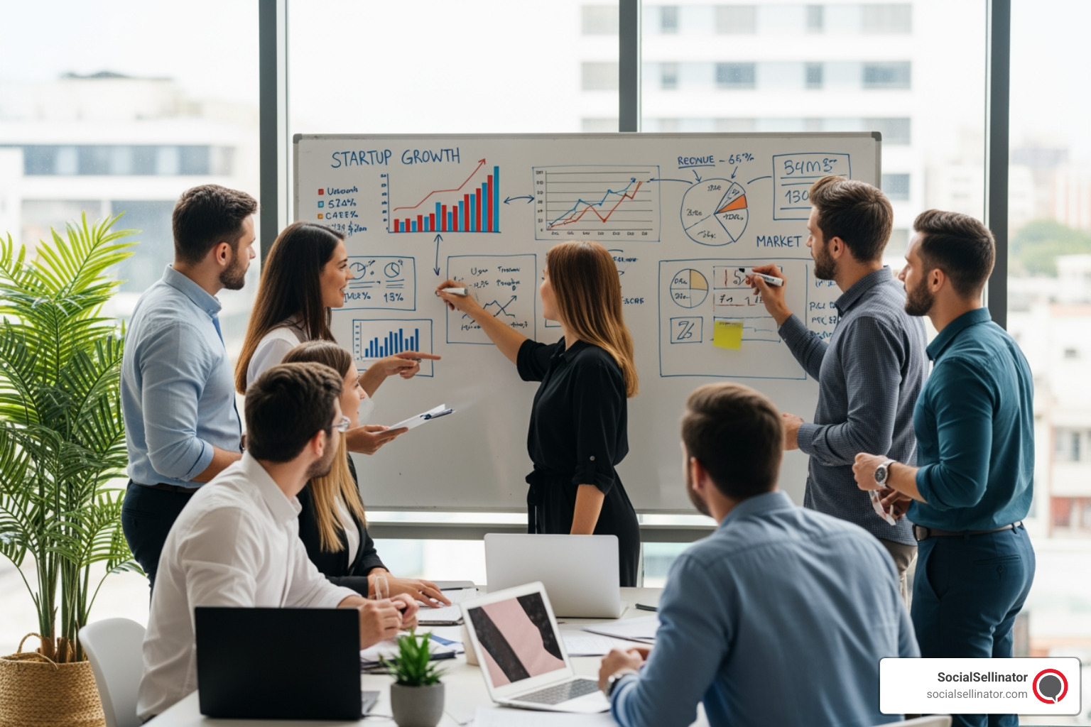 A diverse team of marketers collaborating around a whiteboard with startup growth charts and graphs. - best marketing agencies for startups