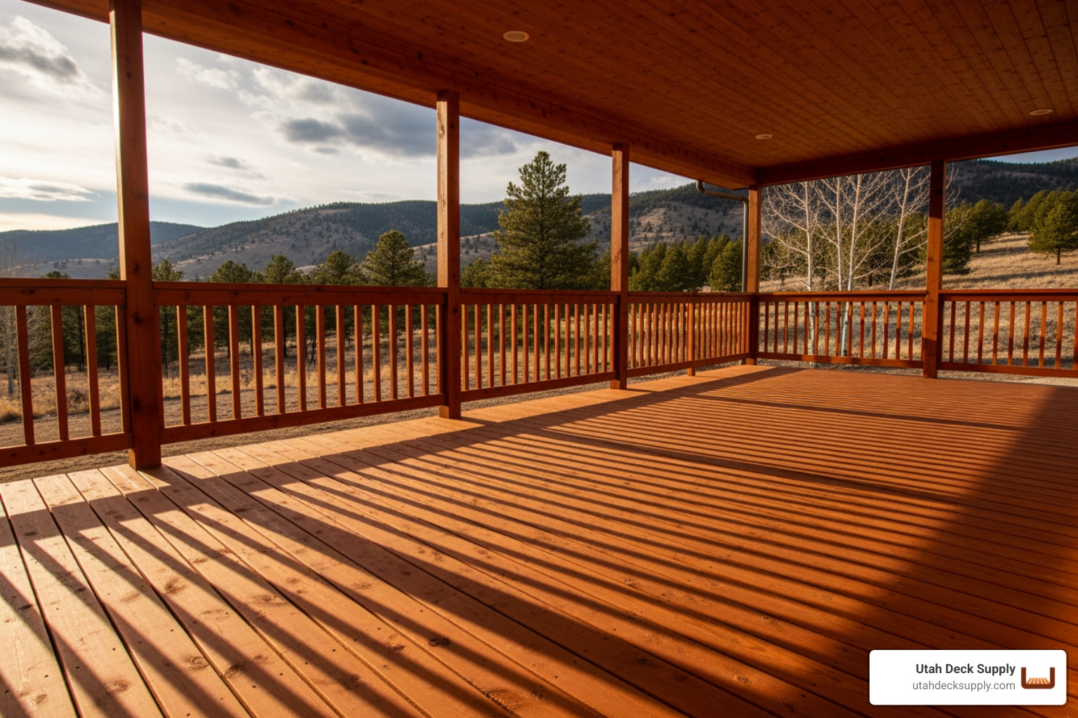 A classic redwood or cedar porch deck, northern Utah location, afternoon lighting - porch decking material