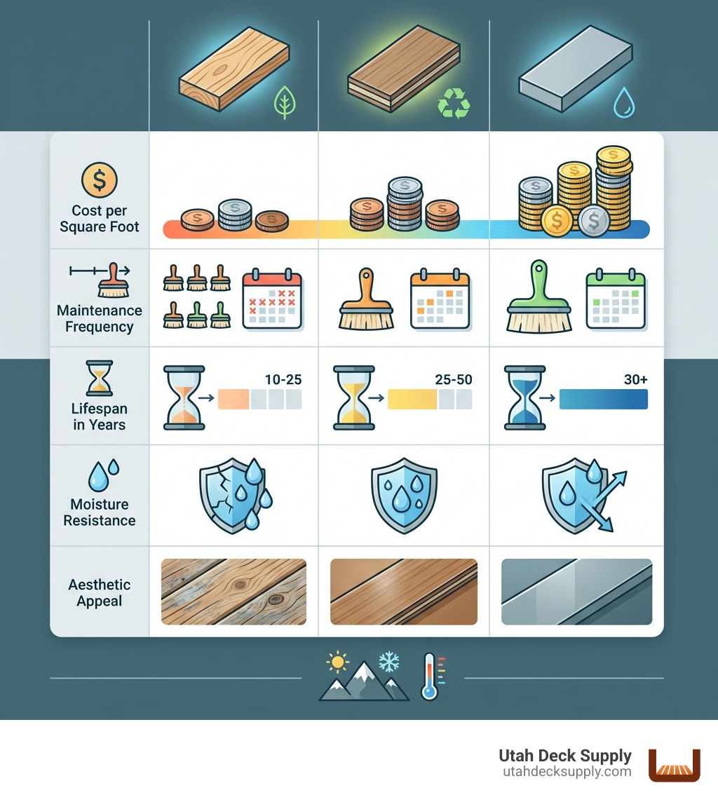 Infographic comparing porch decking materials: a side-by-side visual chart showing wood, composite, and PVC decking options with icons representing cost per square foot, maintenance frequency, lifespan in years, and key benefits like moisture resistance and aesthetic appeal, designed for northern Utah climate conditions in clean modern style - porch decking material infographic 