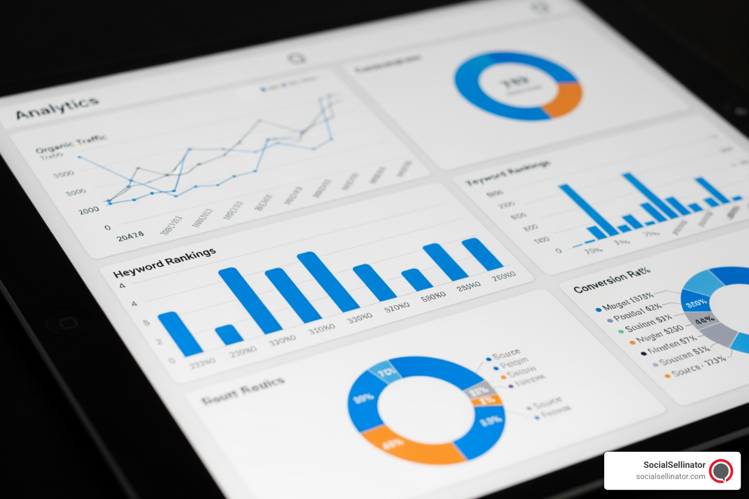 A detailed analytics dashboard on a tablet, showing metrics like organic traffic growth, keyword rankings, and conversion rates. Metadata: SEO Analytics, Performance Tracking, Digital Marketing Report, Data Visualization. - Best SEO Chicago