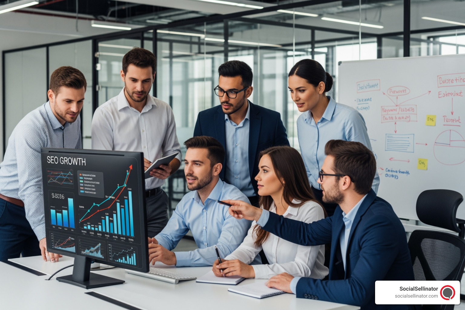 A diverse business team collaborating around a computer screen showing positive SEO growth charts. Metadata: Teamwork, Business Strategy, SEO Growth, Collaboration, Digital Marketing. - Best SEO Chicago