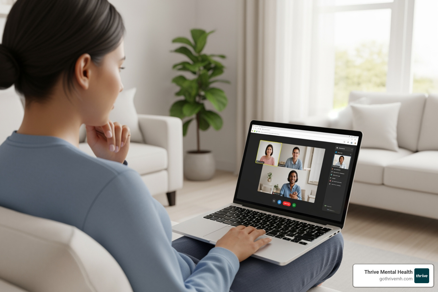Person attending virtual group therapy at home - virtual mental health programs