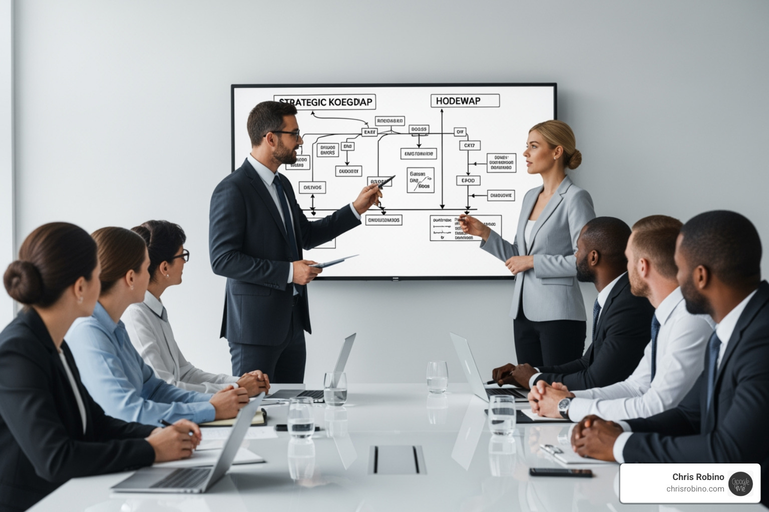 a consultant presenting a strategic roadmap to C-suite executives - tech strategy consulting